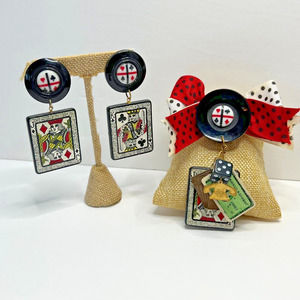 VINTAGE Signed Katrina Playing Cards Brooch & Earrings Set Dice Gambling 1980's